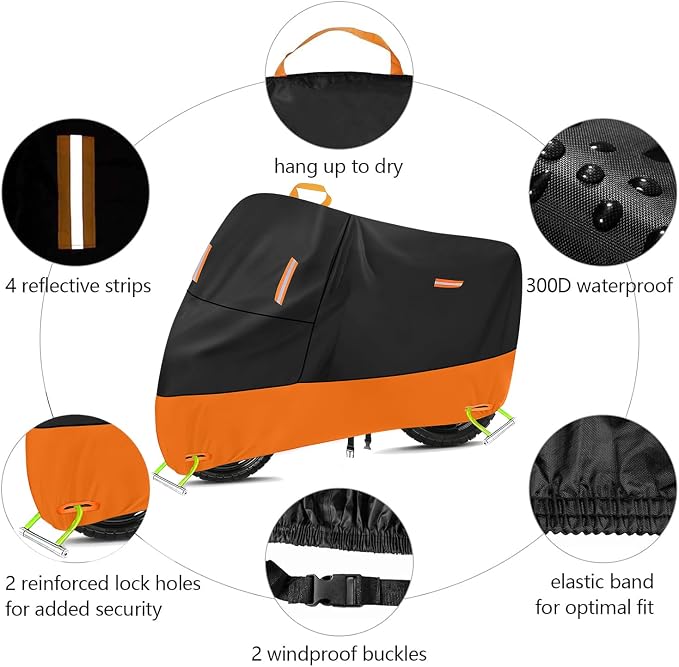 Powersports Vehicle Covers Black & Orange Waterproof Motorcycle Cover with Lock Holes 300D Oxford Heavy Duty Impermeable para Moto Scooter Cover 150cc Waterproof (XL: 82" x 37" x 50")
