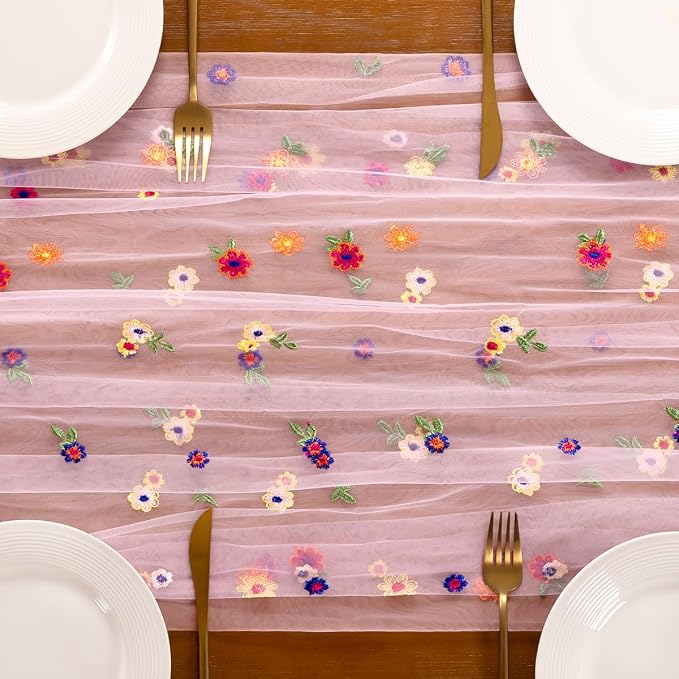 Socomi Flower Table Runner Summer Daisy Floral Tulle Gauze Cheesecloth Embroidery Table Runners for Tea Party Garden Wedding Bridal Baby Shower Birthday Picnic Decor Pink 1pc
