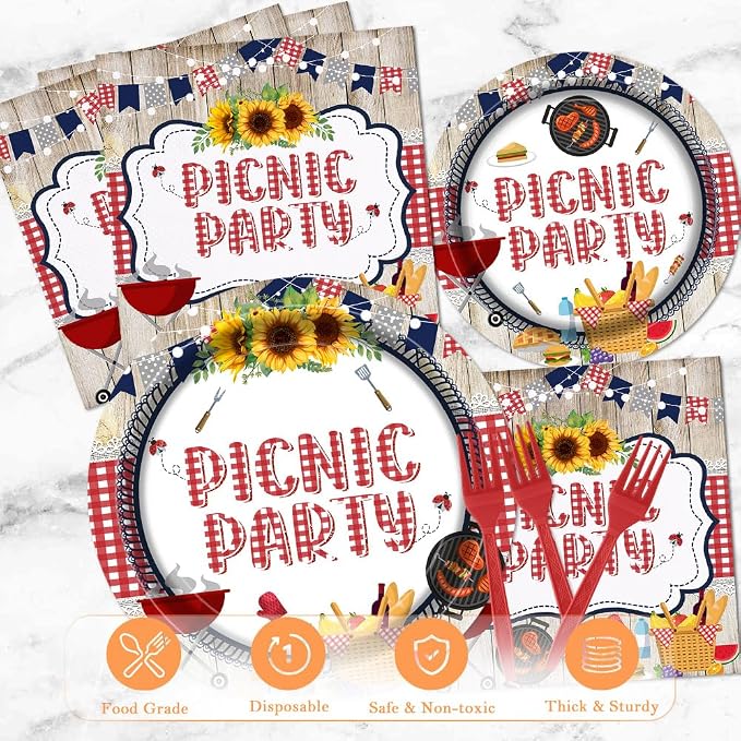 Picnic Party Tableware Set 96 Pcs Disposable Plates Napkins Forks BBQ Birthday Brunch Red White Checkered Sunflower Outdoor Party Decorations Serve 24 Guests