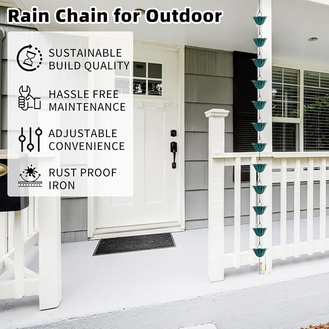 9FT Lotus Rain Chain in Antique Blue – Rain Chains for Gutters with 12 Cups, Adjustable Rain Catcher Chain with Bell for Eaves Drainage, Replacement for Downspout (Lotus Antique Blue)