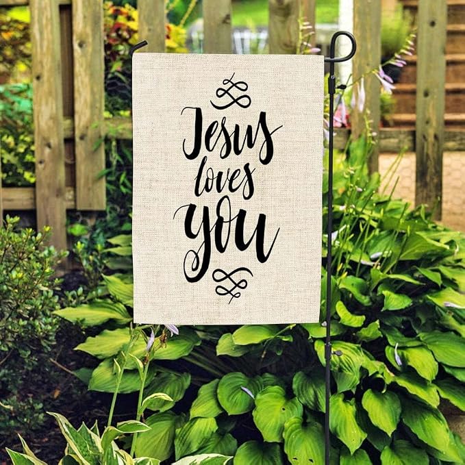 EMMTEEY Easter Garden Flag Double Sided Burlap Decor 12.5x18 Inch Yard Outdoor Decor Garden Flag Jesus Loves You Inspirational Quote Design Element Housewarming Poster Modern Brush Lettering print