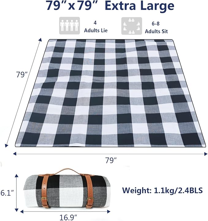 79”x79” Picnic Blanket Extra Large, Waterproof and Foldable Beach Blanket, 3-Layer Outdoor Blanket for 6 to 8 Adults, for Camping, Park, Beach, Grass, Indoors