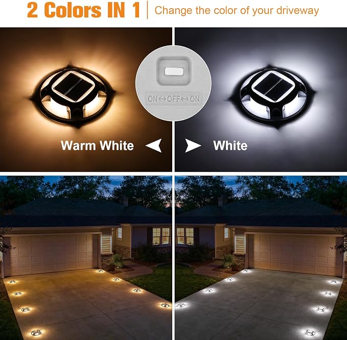 VOLISUN Solar Driveway Lights Dock Marine Lights 12 Pack,2 Colors in 1,Outdoor IP67 LED Deck Light,Solar Powered Waterproof Warning Step Light for Driveway Sidewalk Pathway (White/Warm White)