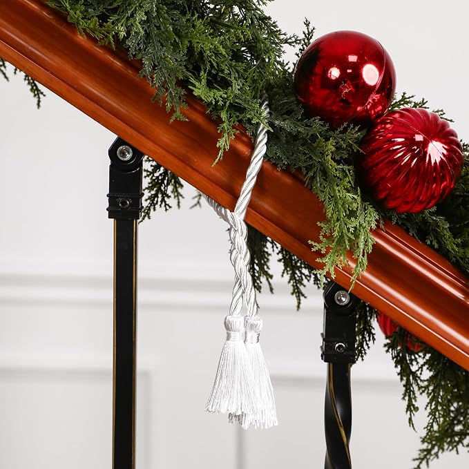 Dingion 20 Pcs Christmas Garland Decorative Banister Ties with Tassel 25.2 Inches Christmas Reusable Twist Ties for Garland Fireplace Staircase Banister Home Xmas Holiday Decorations(White)
