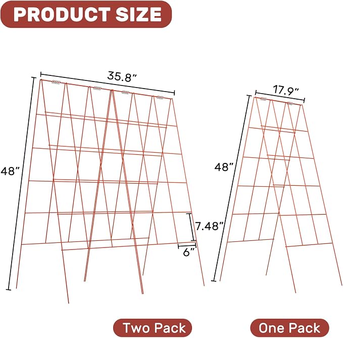 DOEWORKS Cucumber Trellis, 48" High Foldable A Frame Garden Trellis, 2 Pack, Plant Support for Climbing Cucumber, Beans, Tomatoes, Flowers, Red