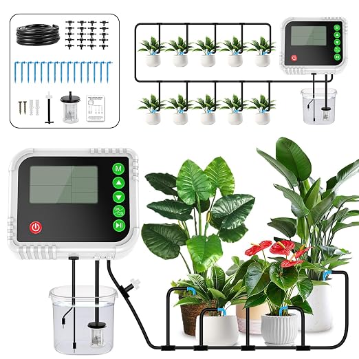 Lewisia Automatic Drip Irrigation System, Indoor Self Watering Kit with LCD Timer Display for 15 Potted Plants Water Shortage Protection, USB Rechargeable, DIY Plant Waterer