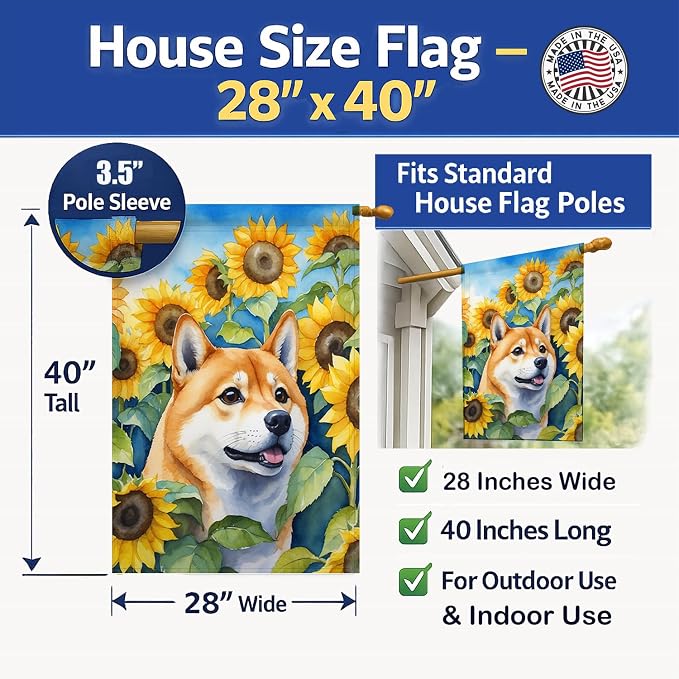 Caroline's Treasures DAC6161CHF Shiba Inu in Sunflowers House Flag Large Porch Sleeve Pole Decorative Outside Yard Banner Artwork Wall Hanging, Polyester, House Size, Multicolor