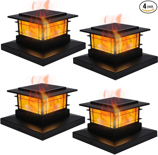 Dynaming 4 Pack Solar Post Cap Lights Outdoor with Flickering Flame Light, Fence Post Solar Lights Fit for 4x4 5x5 6x6 Vinyl/Wooden Posts, High Brightness SMD LED Lighting Decor for Garden Deck Patio