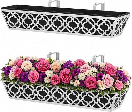 Y&M 2Pack 30'' Metal Railing Planter Box with Black Non-Woven Fabric Liner, Flower Boxes with Adjustable Brackets, Large Hanging Window Boxes for Fence, Deck, Balcony, and Garden - Gray 2p