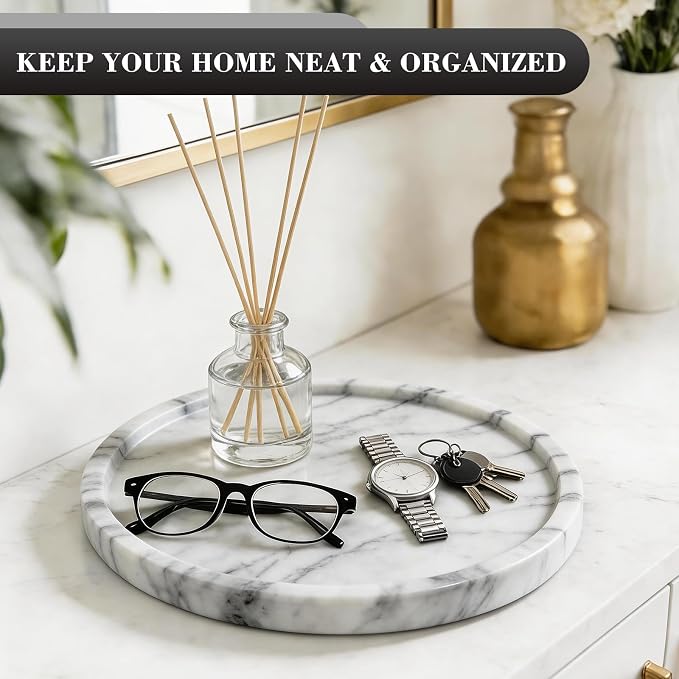 Natural Round Marble Tray - 7.8" Marble Vanity Tray for Dresser, Bathroom, Decorative Jewelry Dish for Perfumes Rings Earrings Necklaces, Stone Tray for Home Décor, White