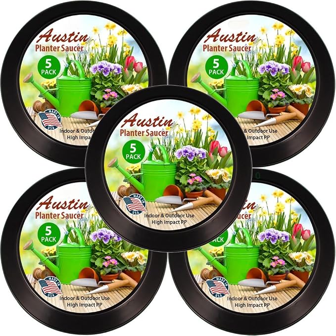 7 Inch (5.5 Inch Base) Case of 5 Plant Saucer, Black | Polypropylene, Heavy Duty Indoor/Outdoor, Drip Pan & Tray, Collects Excess Water, Made in USA