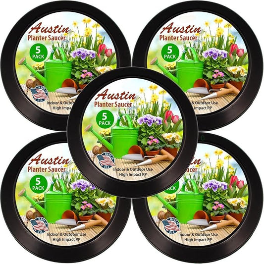7 Inch (5.5 Inch Base) Case of 5 Plant Saucer, Black | Polypropylene, Heavy Duty Indoor/Outdoor, Drip Pan & Tray, Collects Excess Water, Made in USA