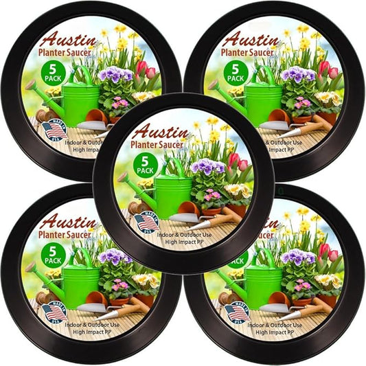 10 inch Saucers, Black, Case of 5 | Polypropylene, Heavy Duty Indoor/Outdoor, Drip Pan & Tray, Collects Excess Water, Made in USA