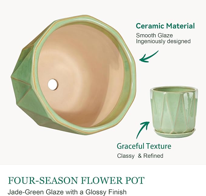 7.8 Inch Ceramic Plant Pot with Drainage Hole Mesh Net, Large Flower Pots for Indoor Plants with Saucer, Gardening Pots Outdoor (Crackle-Green)