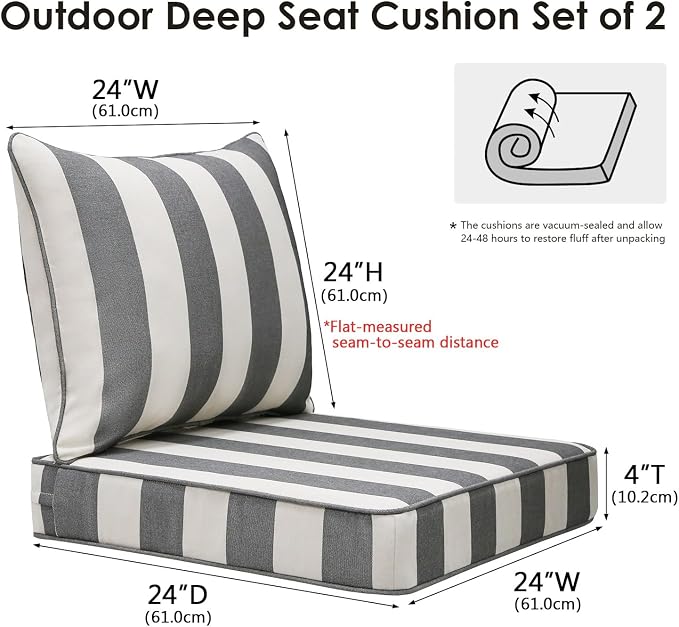 Unimatta Outdoor Patio Chair Cushions Set, 24" x 24"(24x24 Back), Set of 2, Water-Repellent, Fade Resistant, Deep Seat Bottom and Back Cushion for Backyard, Couch, Sofa, Gray Stripe