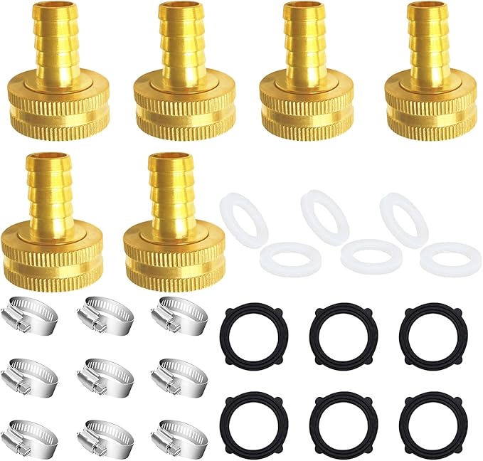 6PCS Solid Brass 3/8" Barb x 3/4"GHT Female Garden Hose End Connector Splicer Mender Repair Fitting Include 9 Stainless Steel Clamps