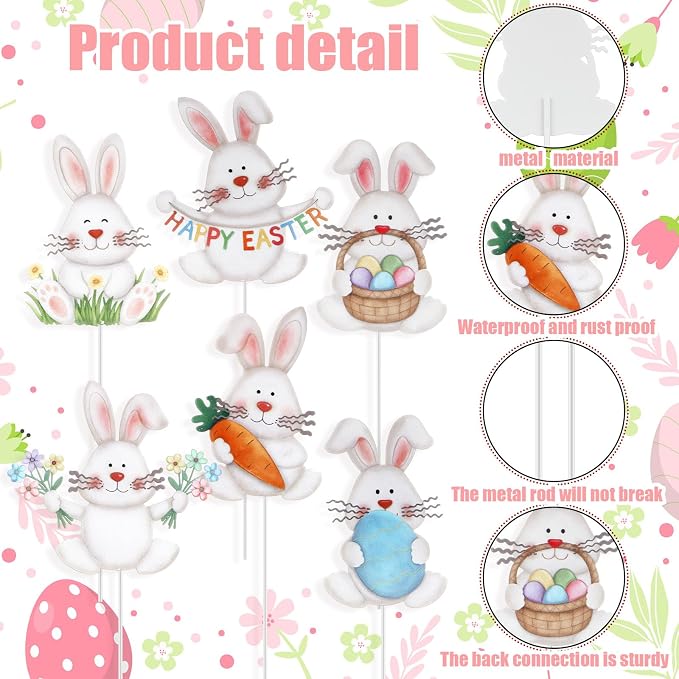 Pickmesh 6 Pcs 12" H Easter Yard Sign Metal Rabbits Yard Stake Bunny Barn Garden Stake Easter Decoration Outdoor for Planter Pot Spring Walkway Pathway Lawn Decor