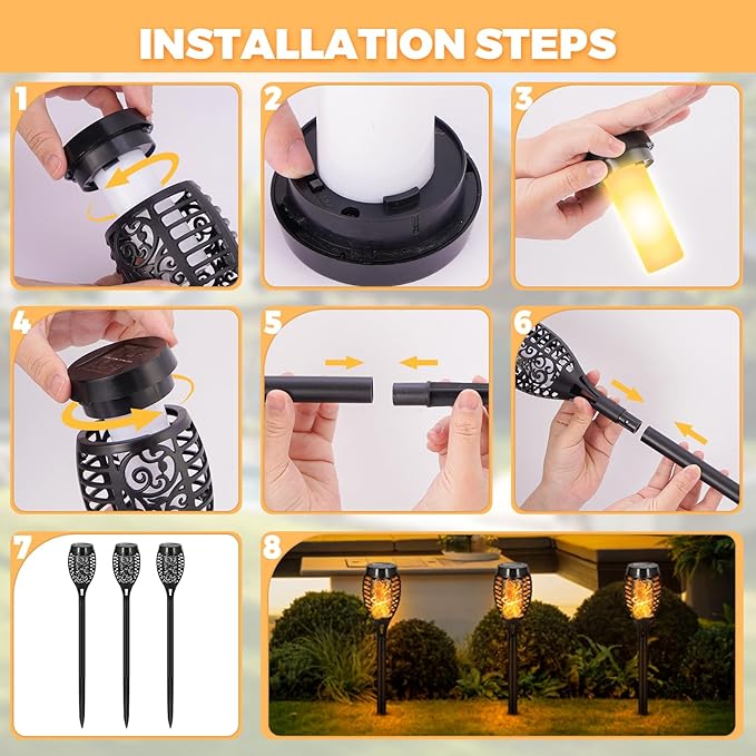 Solar Torch Flame Outdoor Lights, Flickering Flame LED – Waterproof Solar Garden Lights for Patio, Yard, Pathway, Landscape & Backyard Décor (Warm White-8 Pack)