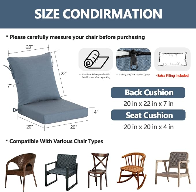 Goodgoods 20 x 42 Sunbrella Outdoor Patio Chair Cushion 2-Pack, Fade-Resistant & Water-Resistant Furniture Chair Cushions with 35D High-Resilience Foam for Dining Chairs, Spectrum Denim
