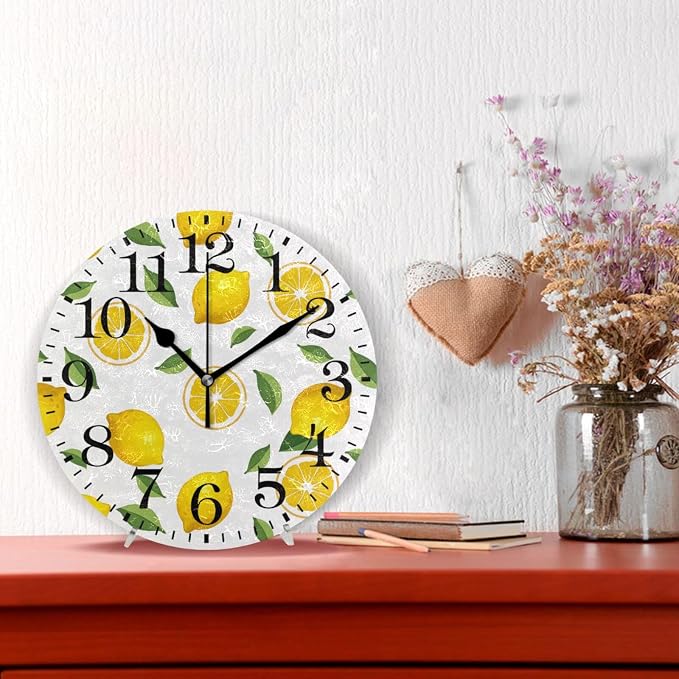 ALAZA Home Decor Summer Lemon Fruit Leaves 9.84 inch Round Acrylic Wall Clock Non Ticking Silent Clock Art for Living Room Kitchen Bedroom(Black Pointer)