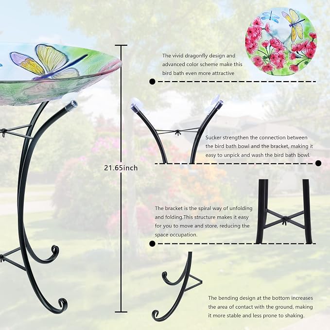 MUMTOP Bird Bath-Bird Baths for Outdoors - Dragonfly Large Bird Bath Bowl with Metal Stand, Glass BirdBaths for Garden Lawn Yard Decor