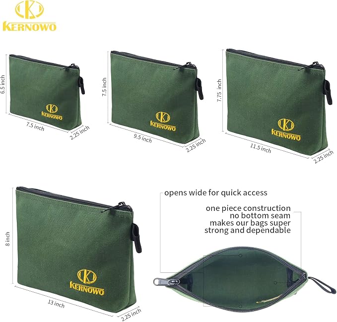 Premium Canvas Tool Pouch Zipper Bag,Small Tool Bag,Multipurpose Storage pouch(4Pack 7.5/9.5/11.5/13inch 20oz Water Resistant Heavy Duty Army Green Flat Bottom Tool bag with Dependable Zipper)