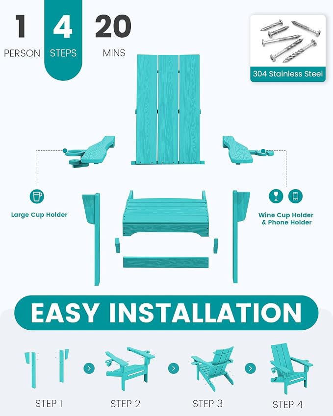 SERWALL Modern Adirondack Chair Set of 6, Folding Adirondack Chair with Cup Holders, Outdoor HDPE Adirondack Chair, Teal