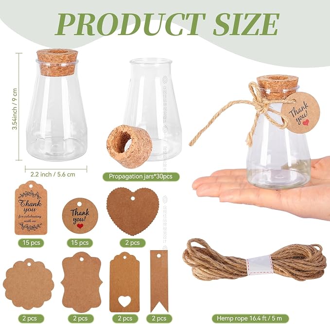 30 Pack Plant Propagation Stations, 3.35" Shatterproof Plastic Propagation Jars Clear Hydroponic Small Vases Hanging Planter Tubes with Hole Cork Lids & Tags for Plant Lovers Garden Gifts Office