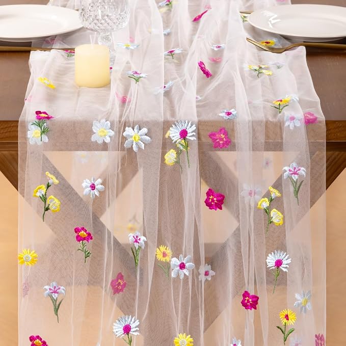 Socomi Flower Table Runner Summer Daisy Floral Tulle Gauze Cheesecloth Embroidery Table Runners for Tea Party Garden Wedding Bridal Baby Shower Birthday Picnic Decor Ivory White 3pcs
