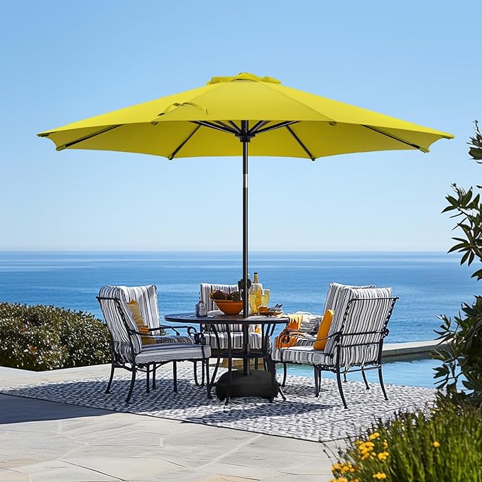 wikiwiki 9FT Patio Umbrella with Base, Outdoor Umbrellas with Base Included, 8 Sturdy Ribs, Waterproof Fade Resistant POLYESTER DTY Canopy for Deck, Lawn, Garden, Backyard & Pool, Yellow