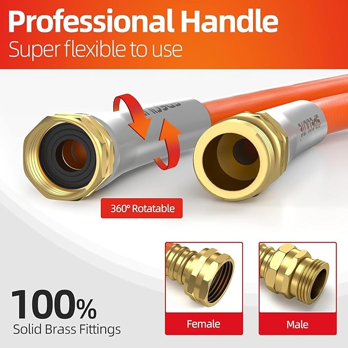 SPECILITE Garden Water Hose 50 ft x 3/4 in Heavy Duty, Flexible and Lightweight, Burst 600 psi, Kink-less Hybrid Rubber Pipe for Backyard, 3/4'' Brass Fittings, Orange