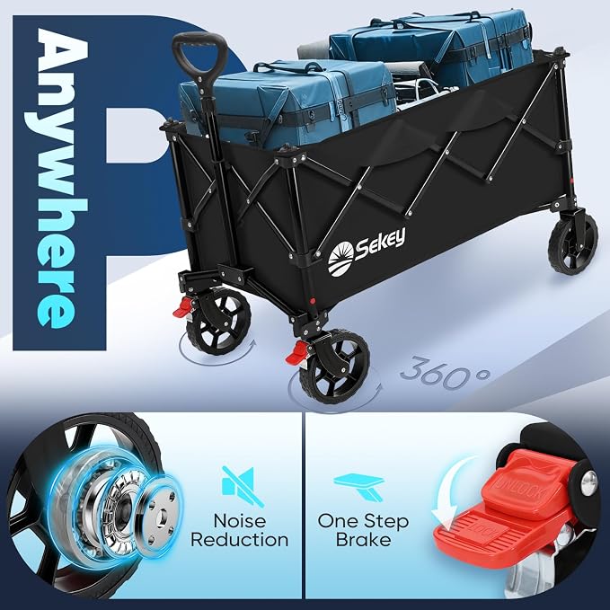 Sekey Collapsible Foldable Wagon with 300lbs Weight Capacity, Heavy Duty Folding Wagon Cart with Big All-Terrain Wheels.Black