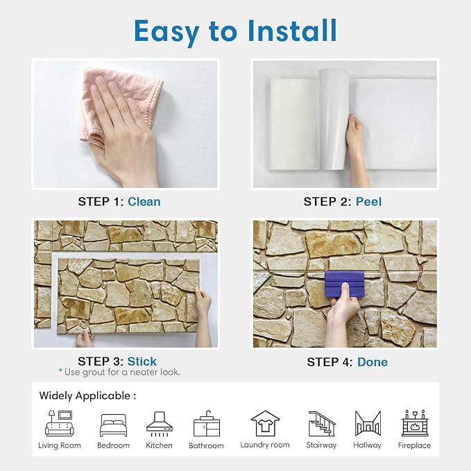 COMSTICKC 3D Faux Stone Wall Panels Peel and Stick Decorative Tiles, 12 Pcs 22.8" x 11.8", DIY UrltraLight PVC Fake Stone Wall Covering Stickers for Kitchen, Living Room Background, Covers 22.48 sq.ft