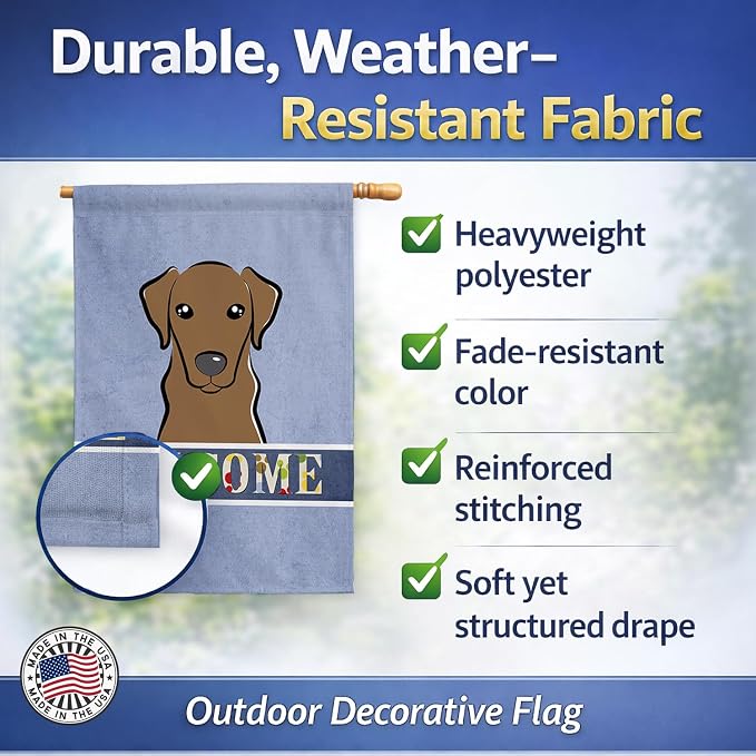 Caroline's Treasures BB1420CHF Chocolate Labrador Welcome House Flag, Blue Large Porch Sleeve Pole Decorative Outside Yard Banner Artwork Wall Hanging, Polyester, House Size, Multicolor