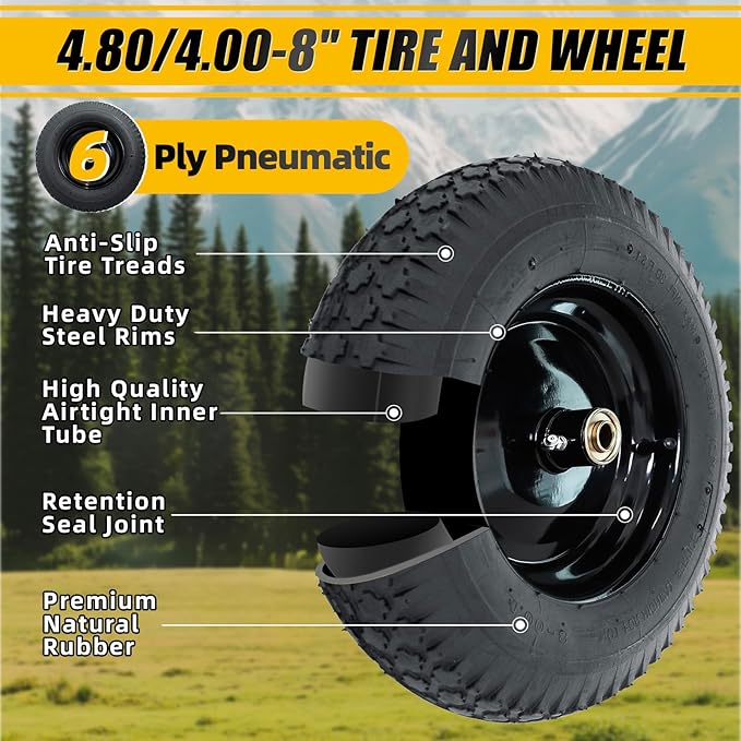 MZREXN 4.80/4.00-8" Tire and Wheel, 16" Pneumatic Wheelbarrow Tire | 5/8"&3/4" Bearings,3"-7"Centered Hub,Fit Hand Truck/Garden Carts/Yard Wagon/Utility Carts/Dolly/Trolley,Black 2pcs