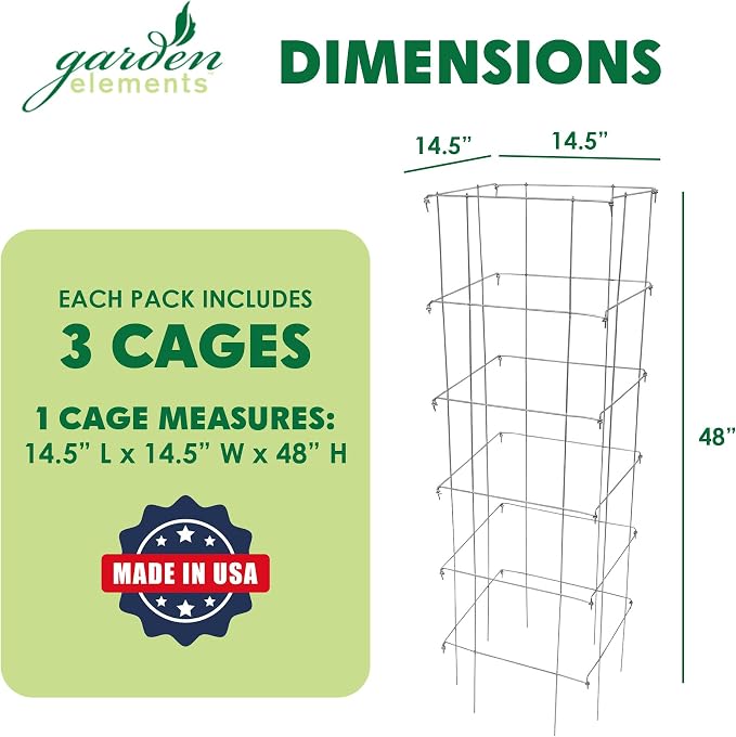Garden Elements Square Tomato Cage, 48 Inch (Pack of 3) - Heavy Duty Galvanized Steel Plant Support, Collapsible Garden Trellis with 8-Leg Stability for Climbing Vegetables & Vines