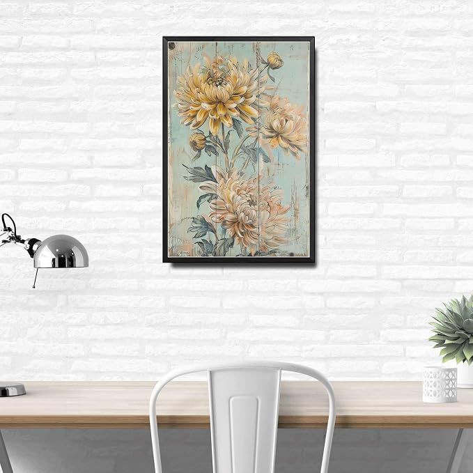 Metal Sign Tin Sign Vintage Shabby Chic Chrysanthemum Tin Sign for Rustic Wall Decor Autumn Themed Interiors and Easy to Inst Greenhouse Decor for Restaurant 12×16 Inches with Metal Frame