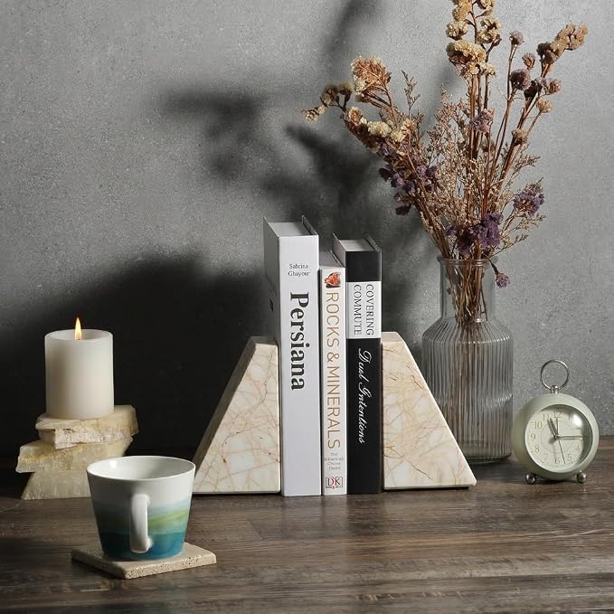 Koville Marble Bookends for Shelves, Large Bookends for Heavy Books, Natural Stone Book Stopper for Books CD Movies, Aesthetic Decorative Book Ends, Bookshelf Table Home Decor(Golden Spider)