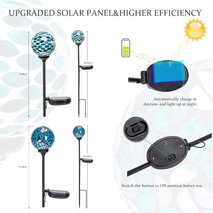 VCUTEKA Decorative Solar Garden Lights, 3.5" Mosaic Globe Stake 2 Pack | Mosaic Glass Design, Solar LED Light, Weather Resistant, Auto On/Off and Metal Stake Design for Lawn and Patio