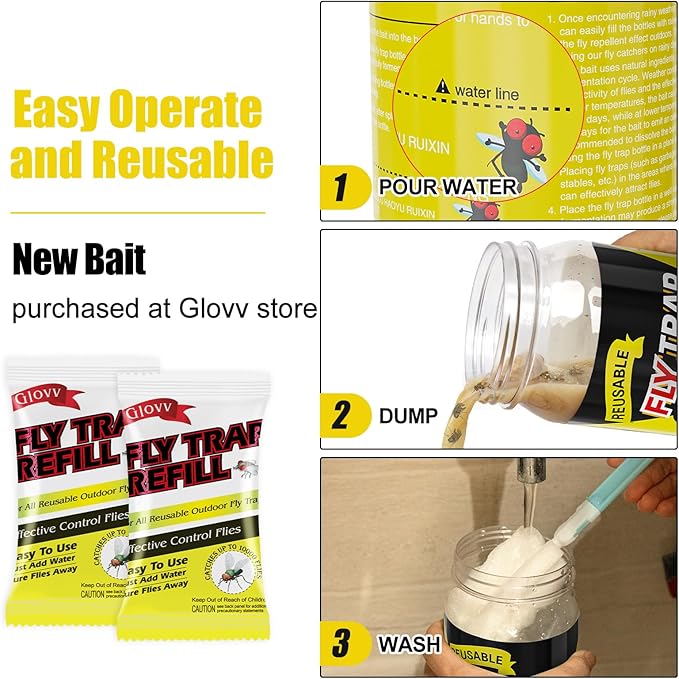 Reusable Fly Traps Outdoor Bottles, 3 Pack Fly Killer Catcher Jar with 6 Natural Magnet Bait Refills Lure, Flies Bug Insect Trap Control Outdoor Hanging for Outside Barns, Stable, Patio