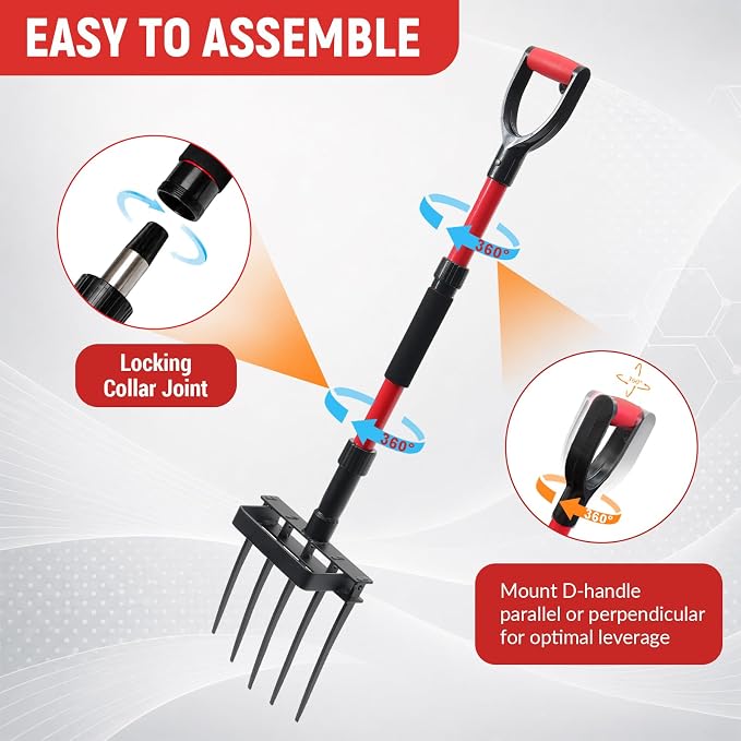 Garden Fork, 43 Inch Pitch Fork with Fiberglass Handle & Foot Bracket, Heavy Duty 5-Tine Pitchfork for Gardening, Breaking up Dirt, Loosening Soil, Digging Potatoes, Turning Compost, Mulching, Weeding