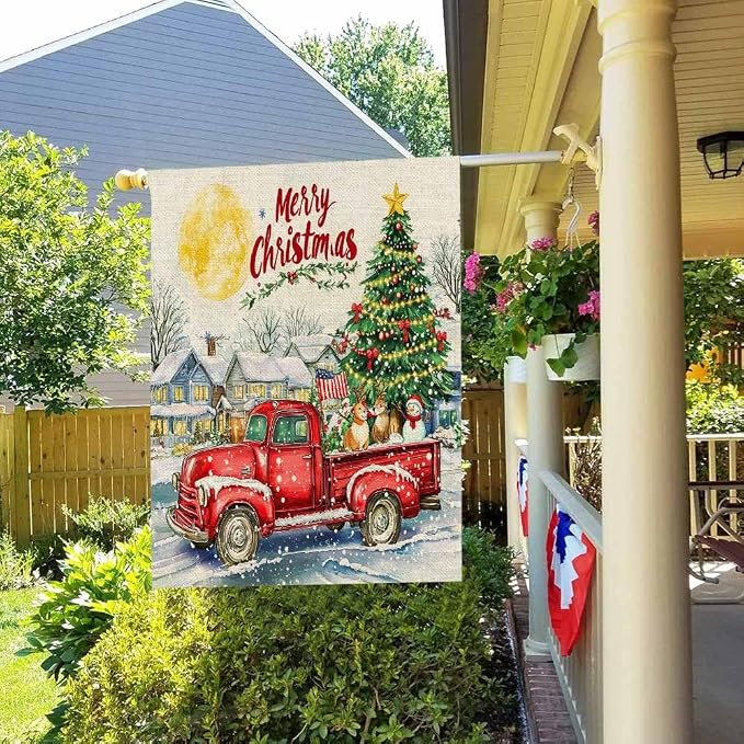 EMMTEEY Truck Garden Flag Red Truck with Christmas Tree House Burlap Garden Flags Large Outdoor Flags 28X40 Double Sided Winter Garden Flags Holiday Flags for Outside for Winter Christmas Decoration