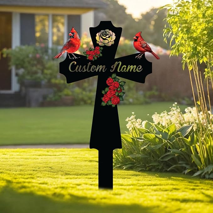 Personalized Cardinal Yard Sign with Stakes, Red Bird Metal Garden Sign Decor, Outdoor Art, Gift for Mom/Grandmother, Patio House Warming Gifts, Welcome to Garden