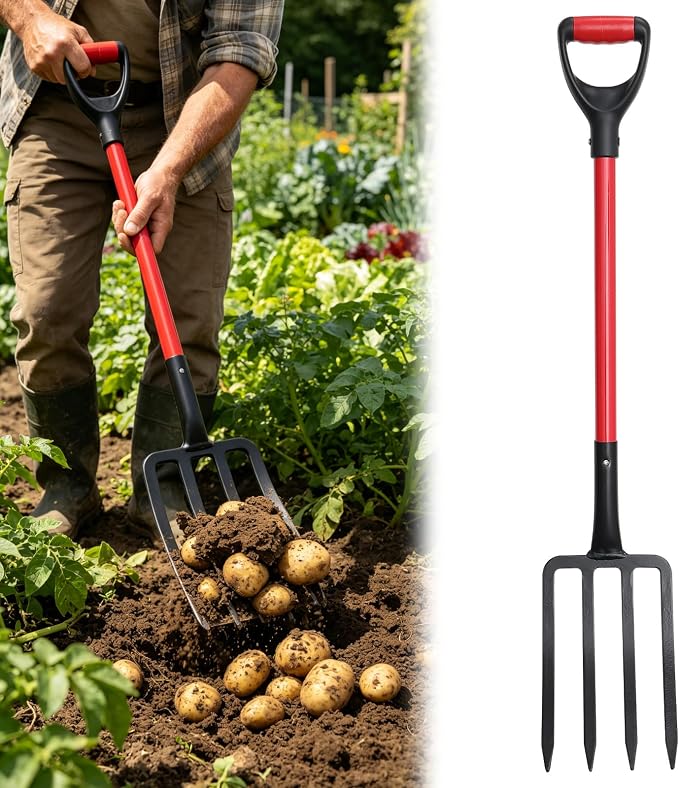Pitch Fork, 42.5 inch One-Piece Garden Fork with Metal 4 Tines & Fiberglass D Handle, Heavy Duty Pitchforks for Gardening Digging Composting Soil Loosening