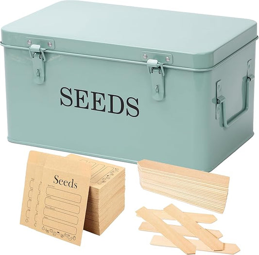 Large Modern Green Rectangular Metal Seed Storage Box with 4 Compartments and 40 Envelopes and 20 Bamboo Plant Labels