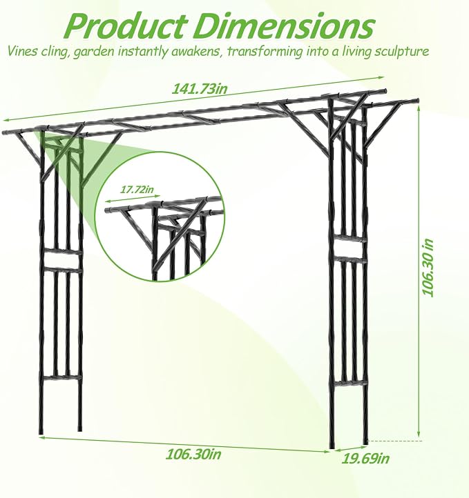 Garden Arch Trellis - 141.7" L×106.3" H Extra Large Flat Top Arbor Trellis with Coated Steel Pipe, Trellis for Climbing Plants Outdoor, Heavy Duty Abor Archway for Wedding Decor(25MM Pipe)