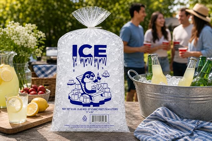 Ice Bag 8 lb 11" x 20" 500 Count | Twist Ties Included | Heavy Duty Storage Bags | Retail Sales, Parties, Camping & Food Cooling | LDPE Plastic Bags | Bits N Things