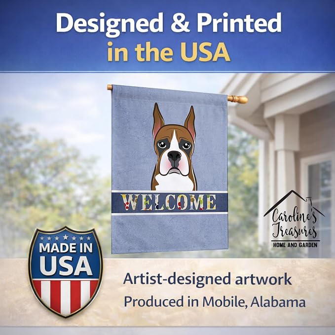 Caroline's Treasures BB1409CHF Boxer Welcome House Flag, Blue Large Porch Sleeve Pole Decorative Outside Yard Banner Artwork Wall Hanging, Polyester, House Size, Multicolor