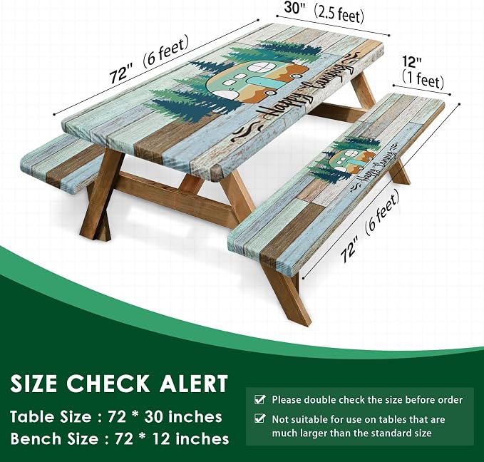 Picnic Table Cover with Bench Covers Elastic Edges, Green Camper Fitted Table Cover, Outdoor Patio Camping Essentials 72 Inch 3PCS, Waterproof Camping Fitted Tablecloth with Drawstring Bag