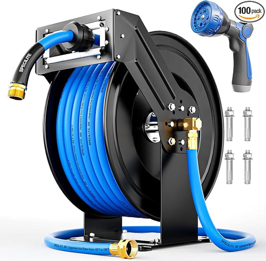 SPECILITE Retractable Hose Reel with 5/8'' Hot/Cold Garden Water Pipe 100ft, -50℉ -190℉, Heavy Duty Metal Wall Mount Spool, with 6ft Lead Hoses, Nozzle, 3/4'' Brass Fittings for Garage, Yard, Blue
